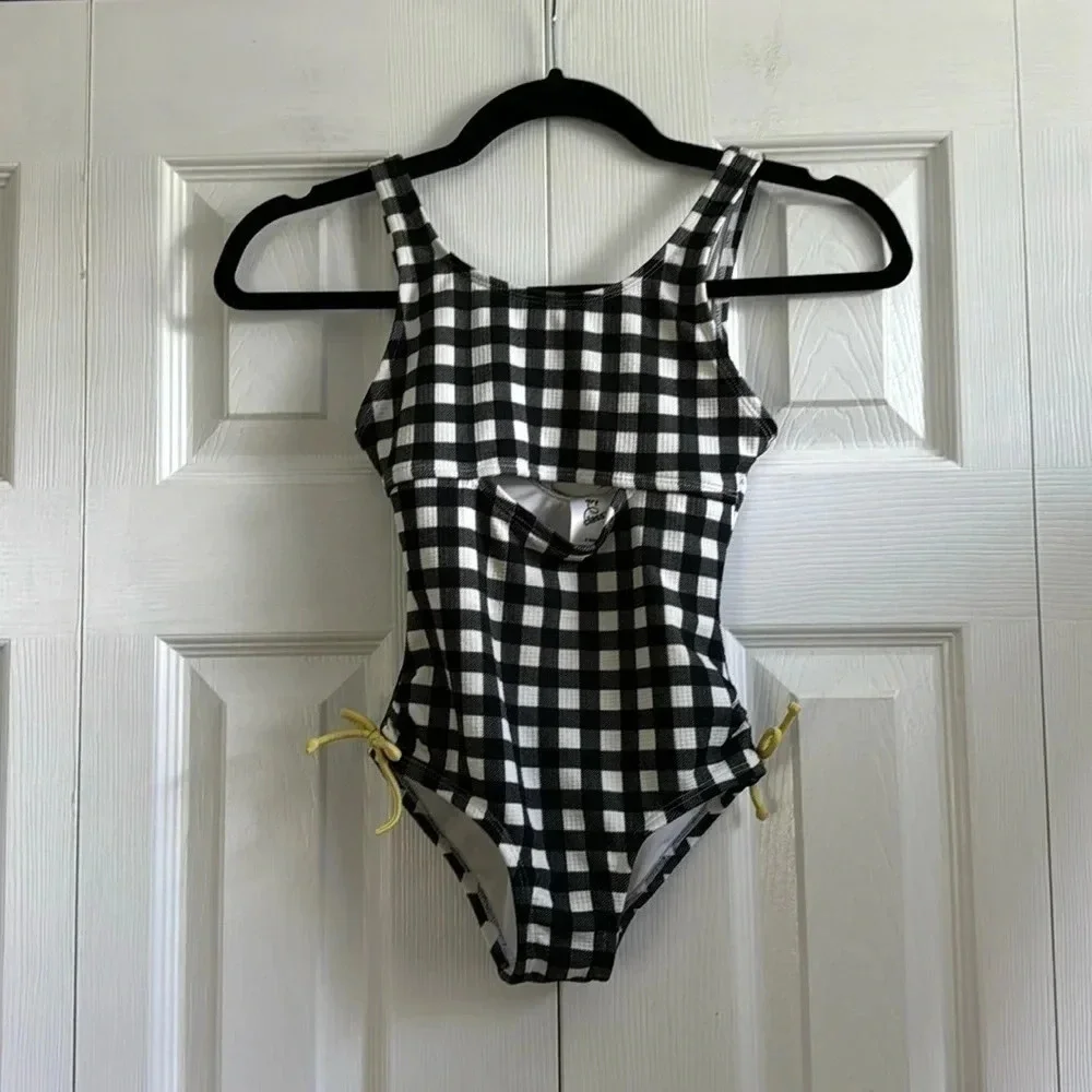 Art Class Gingham One Piece Swimsuit Yellow Accents Cross-Back size 6X
